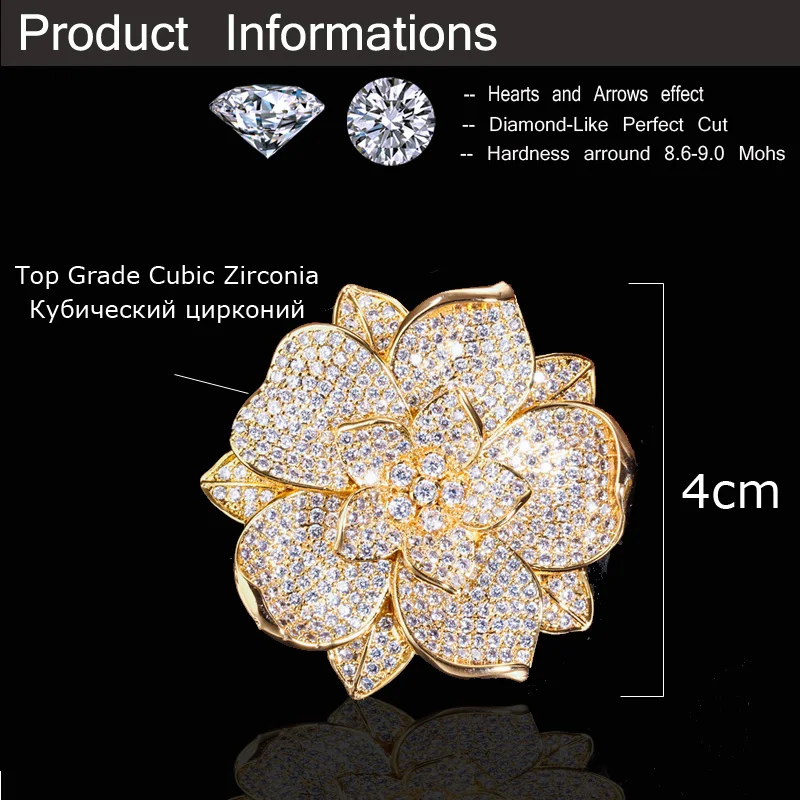 CWWZircons Yellow Gold Color Luxury Women Large Brooch Flower Shape Wedding Party Bridal Costume Jewelry Accessories BH012