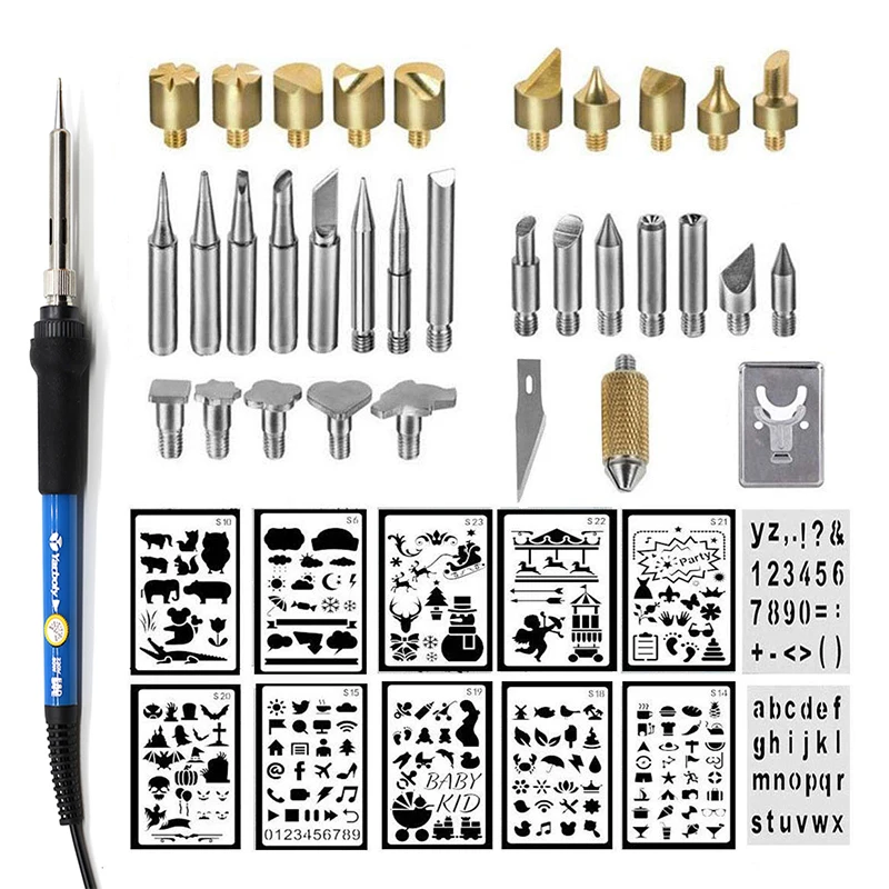 Kit de soldador ajustable de 60W, Pluma de pirograbado para tallado de madera, puntas de soldadura, herramientas de grabado en madera