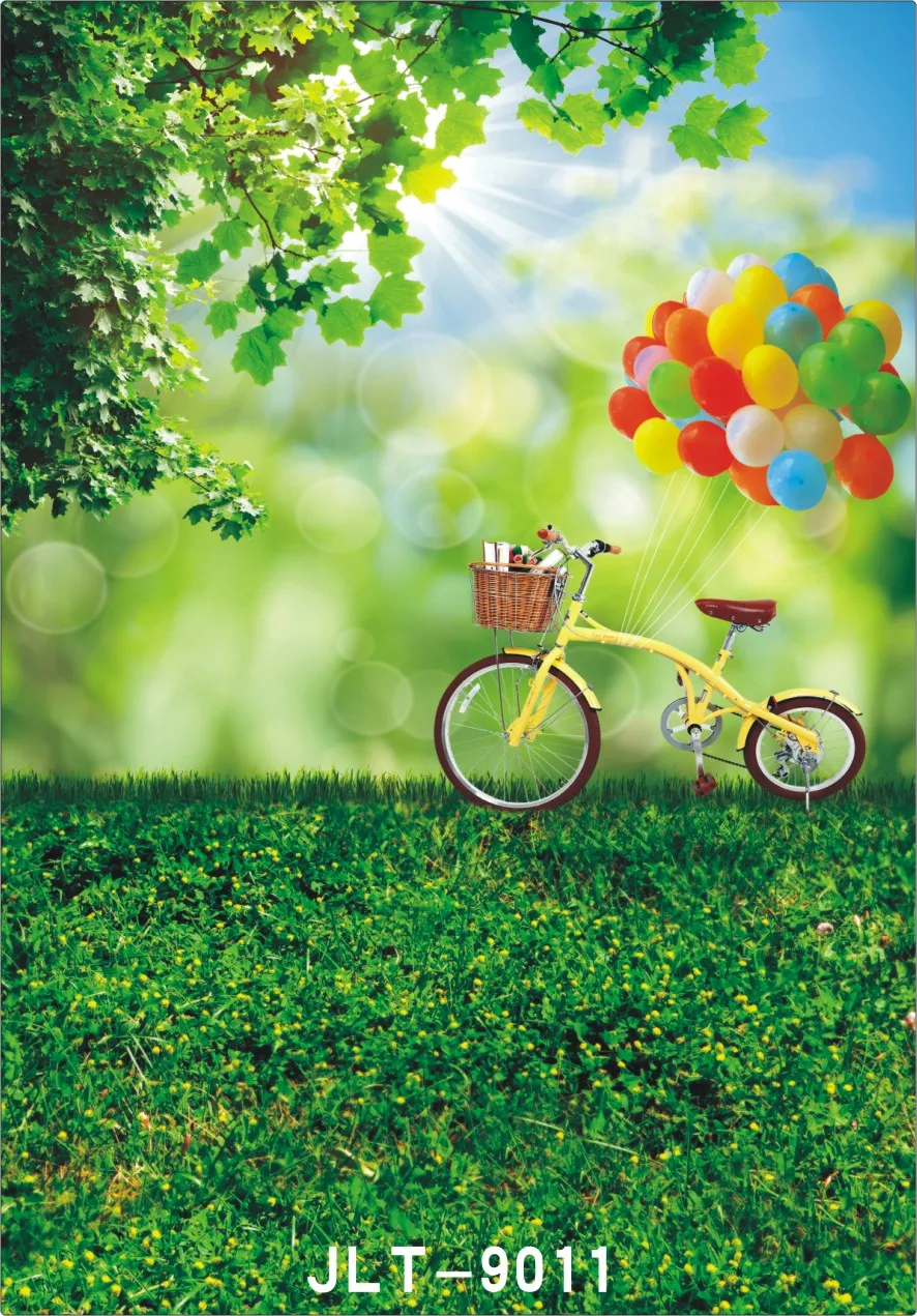 

Photography Backdrop Vinyl Cloth Background Spring Sunshine Grassland Bike Balloon Photocall for Wedding Baby Photo Studio Props