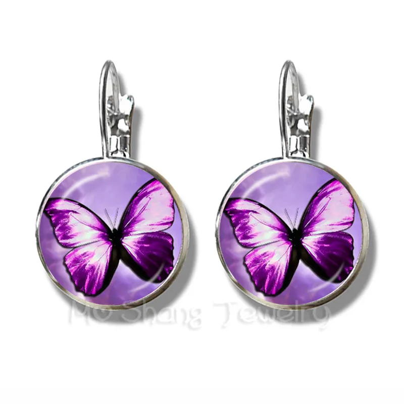 New Beautiful Purple Butterfly Earrings Art Picture 16mm Glass Cabochon Dome Silver Plated Stud Earrings For Women Creative