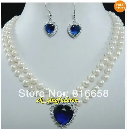 

Fashion white Freshwater pearl & Blue faced Crystal pendant necklace earring set