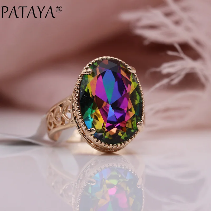 PATAYA New Oval Tourmaline 13 Colors Luxury Rings Women Wedding Fashion Jewelry 585 Rose Gold Color Natural Zircon Fine Rings