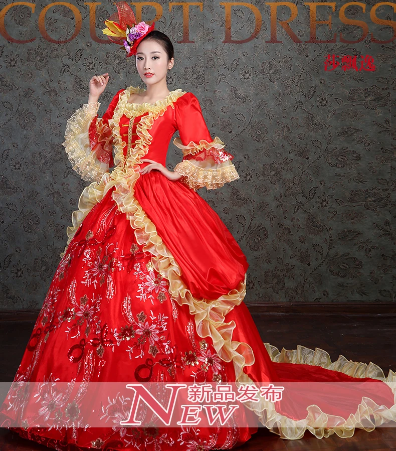 100%real red flare sleeve golden ruffle collar opera stage medieval dress Renaissance cosplay Victoria Antoinette/Belle Ball