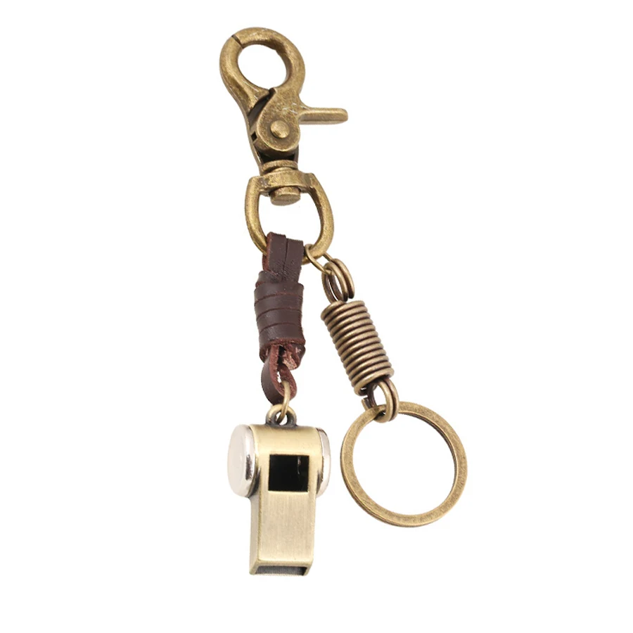 Copper Alloy Genuine Leather Whistle Vintage Bag Keychains Punk Men Car Key Chain Ring Holder Women Accessories Gift FY040