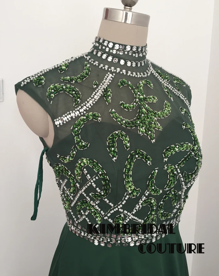 Imagen real Vestidos de Noche Vestidos largo hasta el suelo cuello alto adornos de cristal con lentejuelas Gasa verde una línea Prom imagen real del vestido