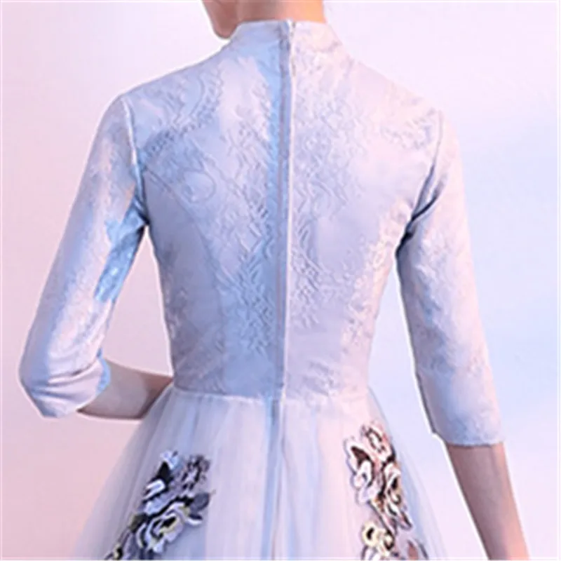 It\'s YiiYa Vintage High Collar Half Sleeves Embroide Lace Up Formal Cocktail Dresses Tea-Length Party Full Dress MX025