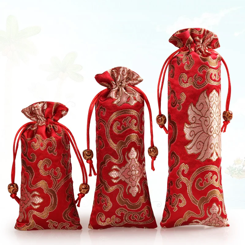 Rich Flower Beautiful Christmas Gift Bags Long Comb Bag Drawstring Wedding Party Favor Bags Bunk Silk Brocade Jewelry Pouch 50pc