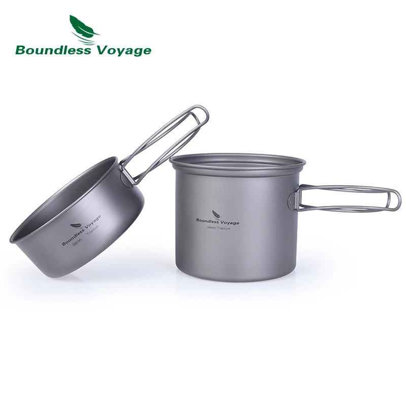 Juego de ollas de titanio Boundless Voyage con mango plegable, vajilla de cocina ultraligera para Picnic y acampada al aire libre, 1000ml + 500ml