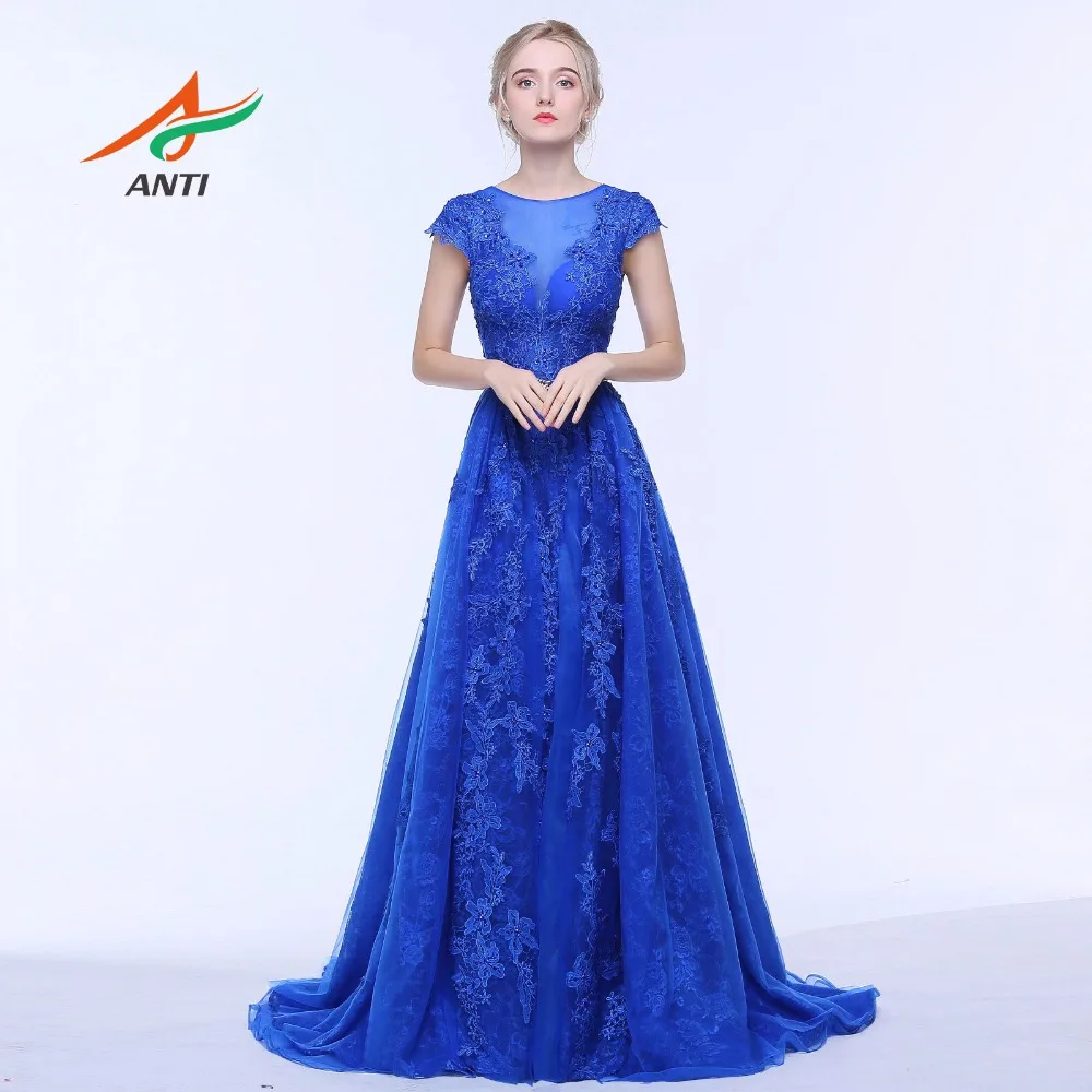 ANTI Royal Blue Mermaid Evening Dress O-Neck Lace Two Pieces Sashes Formal Gowns For Wedding Party Celebrity Guest Dress 2019