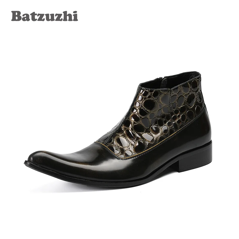 Batzuzhi Luxury Handmade Men Boots Pointed Toe Bronze Leather Ankle Boots Zip Business Dress Boots Short Motocycle Botas, US12