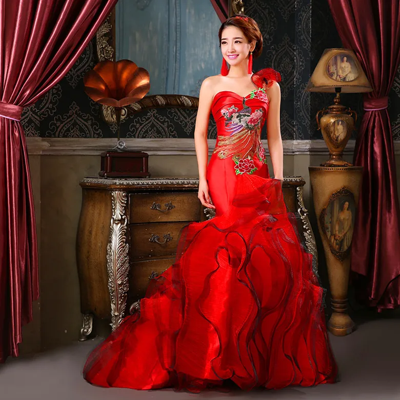 

Evening Dresses 2019 Modern Sexy Party Dress Long Cheongsam Chinese Traditional Wedding Qipao Red Mermaid Trailing Robe Oriental