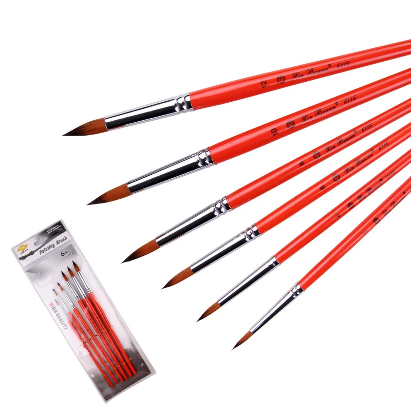 Two-color nylon hair acrylic paint brush pen hook line pen 6 pcs set round head gouache oil brush art supplies