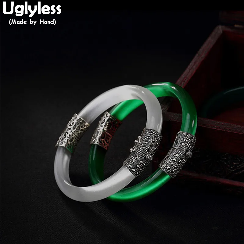 Uglyless Real 925 Sterling Silver Bangles Women Natural Green Opal Bangle Evening Statement Fine Jewelry Marcasite Retro Bijoux