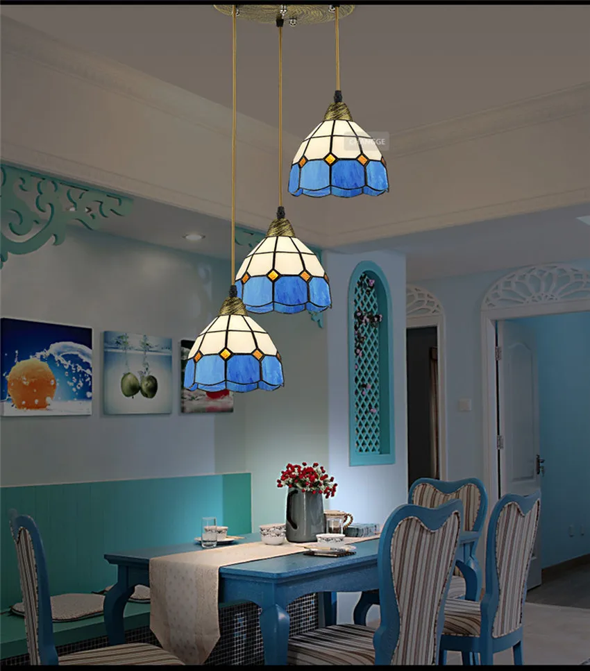 Drop Lamps Blue Mediterranean Style Living Room Restaurant Chandeliers 3 Irons American Pastoral Country led Lights