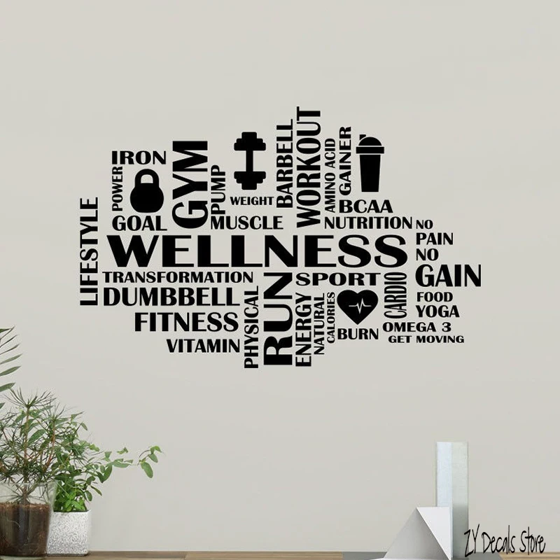 Gym Word Cloud Wall Decal Fitness Motivation Fitness Vinyl Sticker Decor Gym Design Fitness Club Wall Stickers Quotes  L571