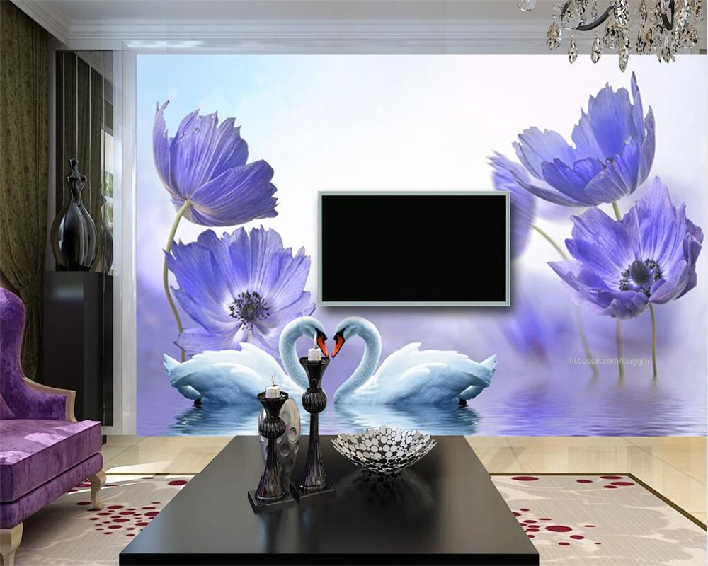 Beibehang Home decoration murals blue dream flower swan lake 3d wall living room bedroom TV sofa background mural 3d wallpaper