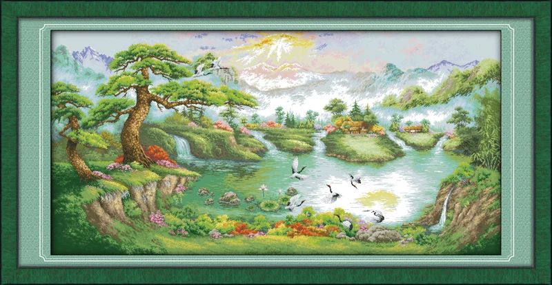 

Cranes dance in the pine peak cross stitch kit 18ct 14ct 11ct count printed canvas stitching embroidery DIY handmade needlework