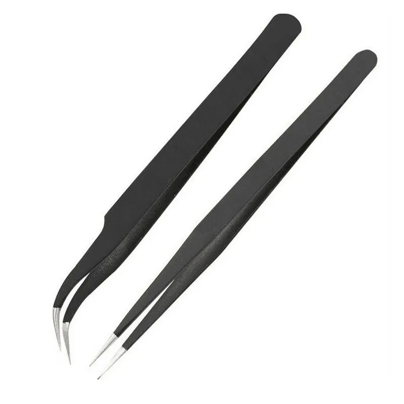 2 Pcs  Fashion New Black Bend Straight Anti-static Stainless Steel Handle Curved Head Nail Art Tweezer Set For Women Beauty