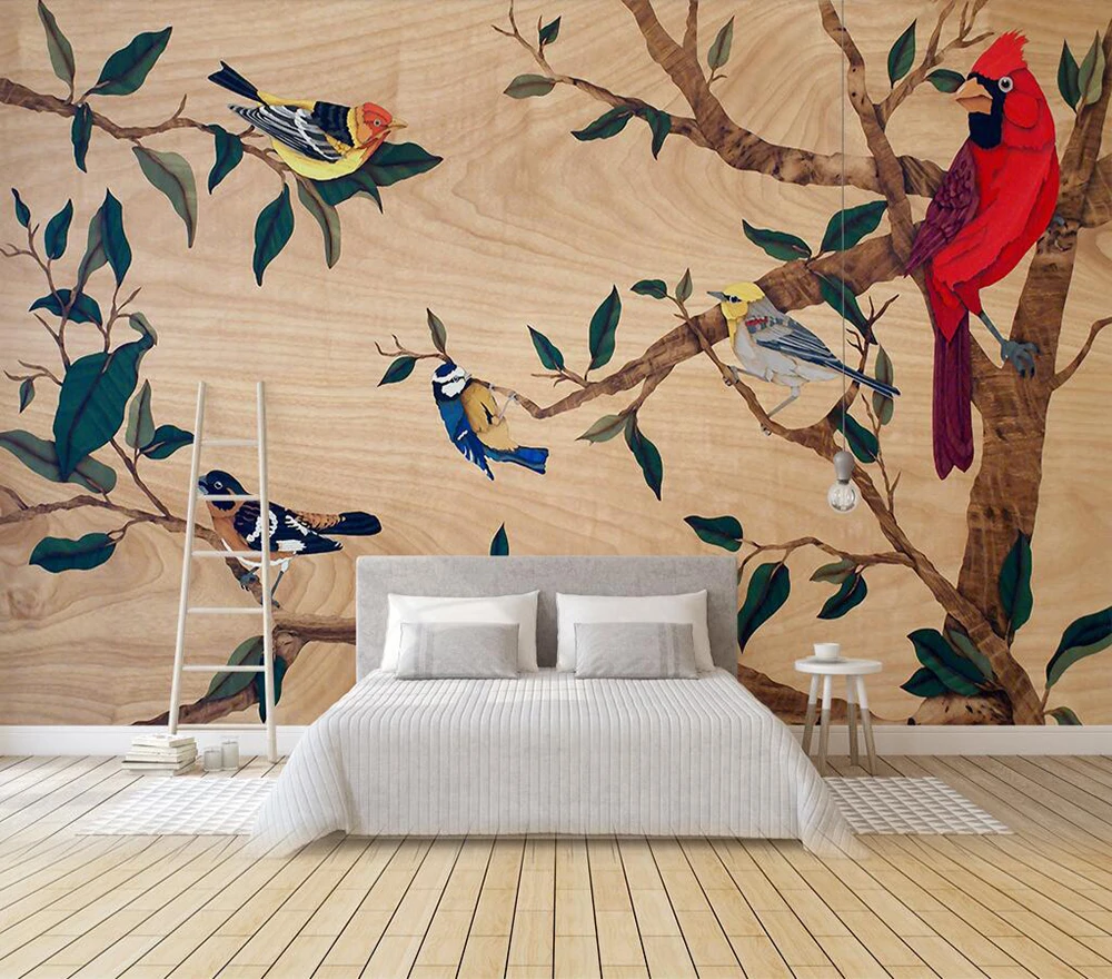 

Custom wallpaper Simple hand-painted wood grain background tropical plant bird background wall