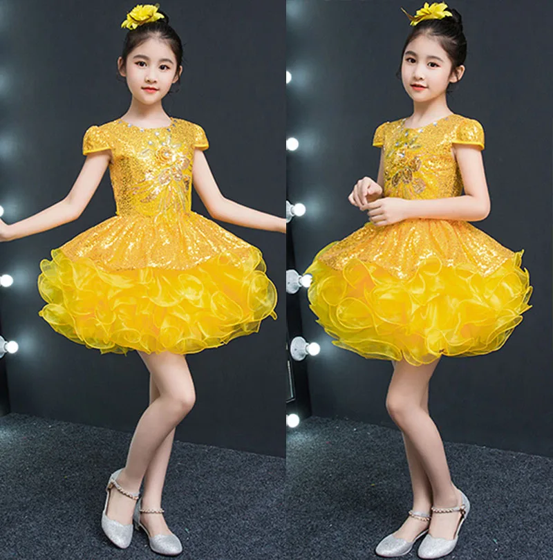 Cheap Flower Girl Weddings Ball Gown Short Pageant Sequined Flowers Girls Dress for Kids Yellow Party Dresses