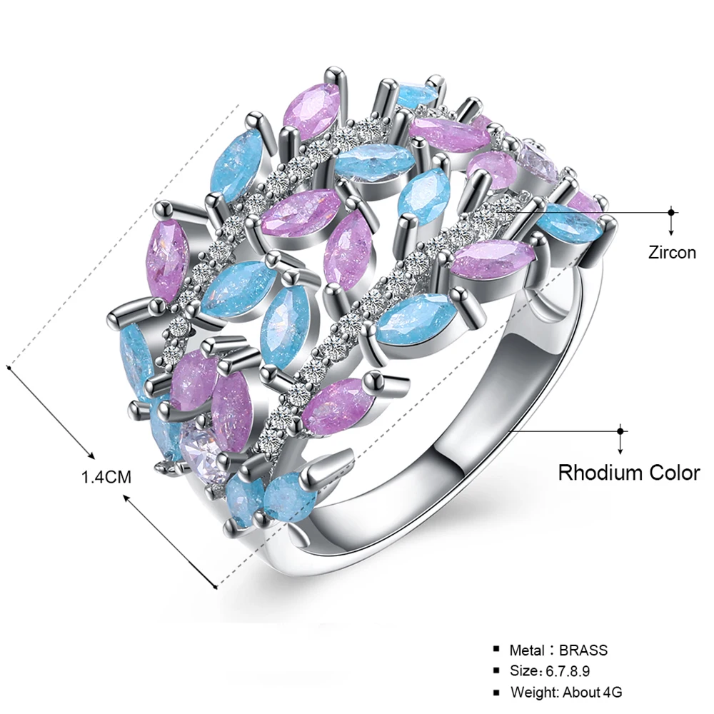 Blue Pink zirconia leaf jewelry Luxury Accessories dropshipping Fashion jewellery women rings New Fancy color ring