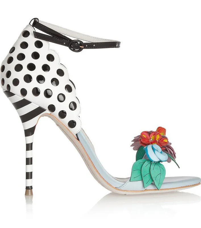 Beauty Bright Colors Flowers Leaves Sandals Ankle Strap Woman Polka Dot Stripe Stiletto High Heel Summer Party Sandalia Shoes