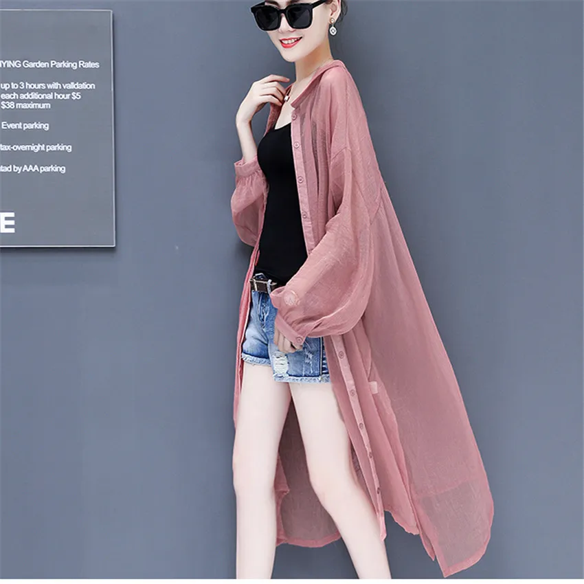 Gowyimmes 2019 Summer Women Thin Chiffon Blouse All-match Girl Midi Long Sleeve Shirt Sun Protection Clothing Beach Coat PD252