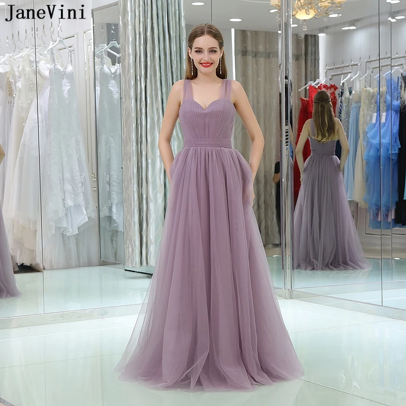 

JaneVini 2018 Simple Cheap Long Plus Size Bridesmaid Dresses A Line Pleats Sweetheart Backless Tulle Floor Length Prom Gowns