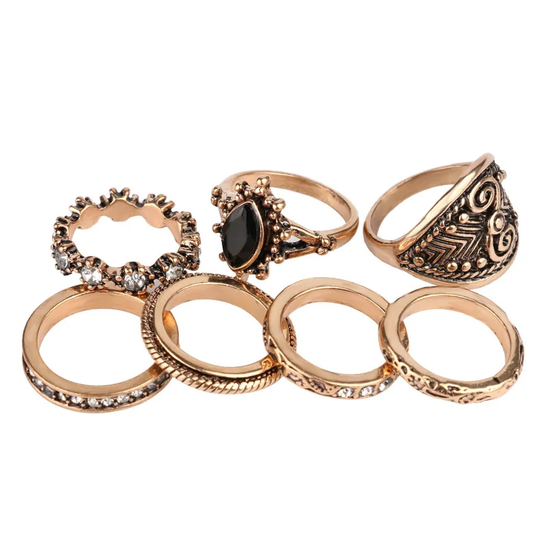 Kinel 7pcs/Set Bohemian Finger Rings For Women Antique Gold Color Punk Resin Bohemian Midi Ring Set Fashion Vintage Jewelry