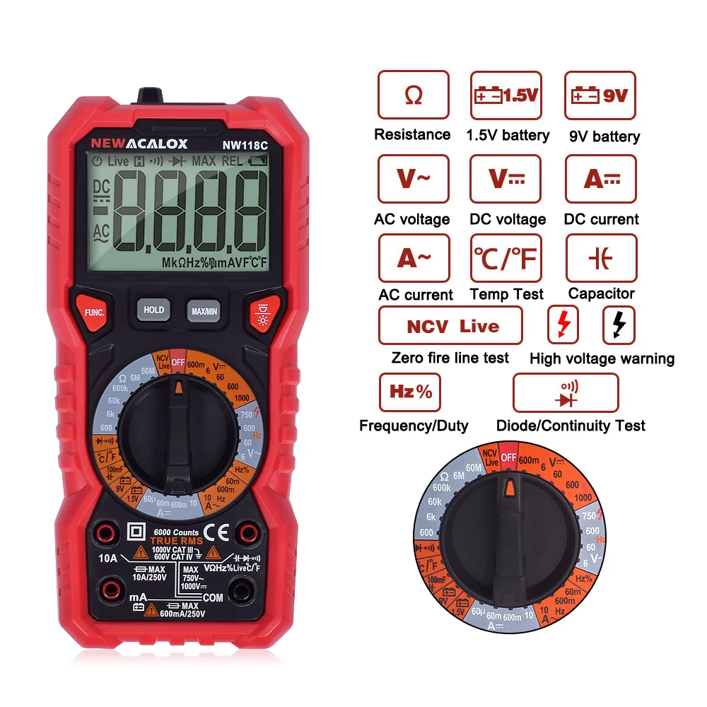 NEWACALOX NCV Digital Multimeter 6000 Counts Auto Multi Meter Ohm Tester Meter Voltmeter Ammeter Overload Protection with Probe