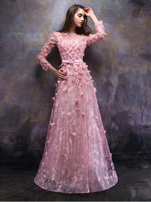 Vestido de noche de encaje con manga larga para mujer, vestido de fiesta Formal con flores, color rosa, elegante, hecho a medida