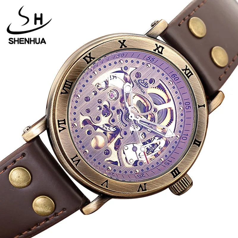 Retro Hollow Skeleton Automatic Mechanical Watches Men's Steampunk Bronze Leather Brand Unique Self-wind Mechanical Wristwatches