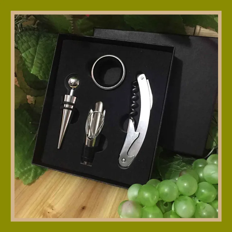 Hot sell  Red Wine Bottle Opener 4Pcs In One Set with Black Leather Gift Box Wines Accessory