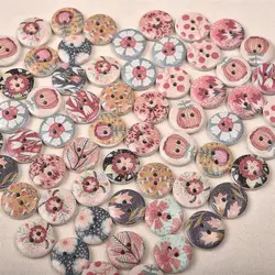 50Pcs New Flower Printed Round Wooden Button 2 Holes 15mm Mixed Wood Buttons Sewing Accessories For Clothing Decoration DIY