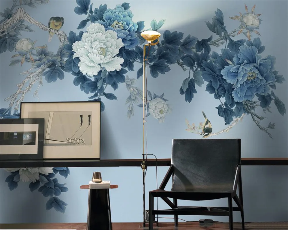 Customized 3d wallpaper Hand painted tricks flowers and birds painting peony flowers living room background wall wallpaper