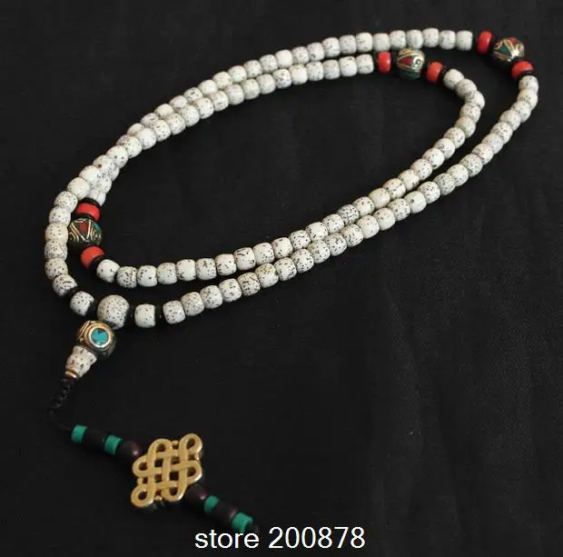 BRO509 Tibetan 108 White Star Moon Lotus Bodhi Beads Necklace 8X6mm Prayer Rosary Malas