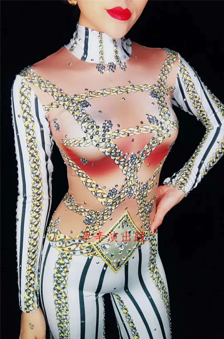 Berkilau Rhinestones Stripe Dicetak Jumpsuit Longgar Celana Penyanyi wanita Bodysuit Seksi Klub Malam perempuan Partai Tahap Tampilkan Pakaian