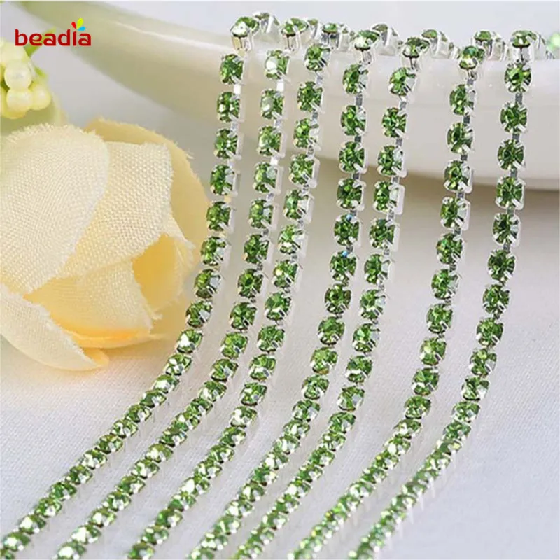 

High Density Hot Sale 2/2.5/2.8/3mm Flatback Light Green Rhinestone Chain For Decor Craft Sewing Clothes Accessories