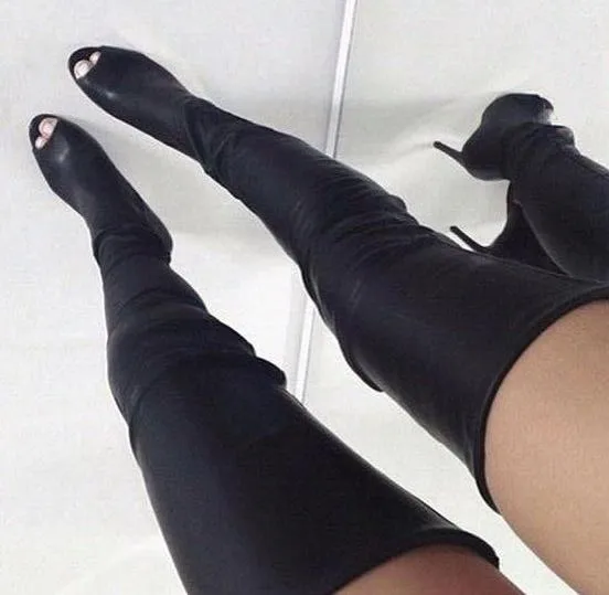 Sexy Open Toe Women Over The Knee Boots Black Leather Zipper Back Ladies High Heel Boots Female Fashion Dress Boots Spring Boots