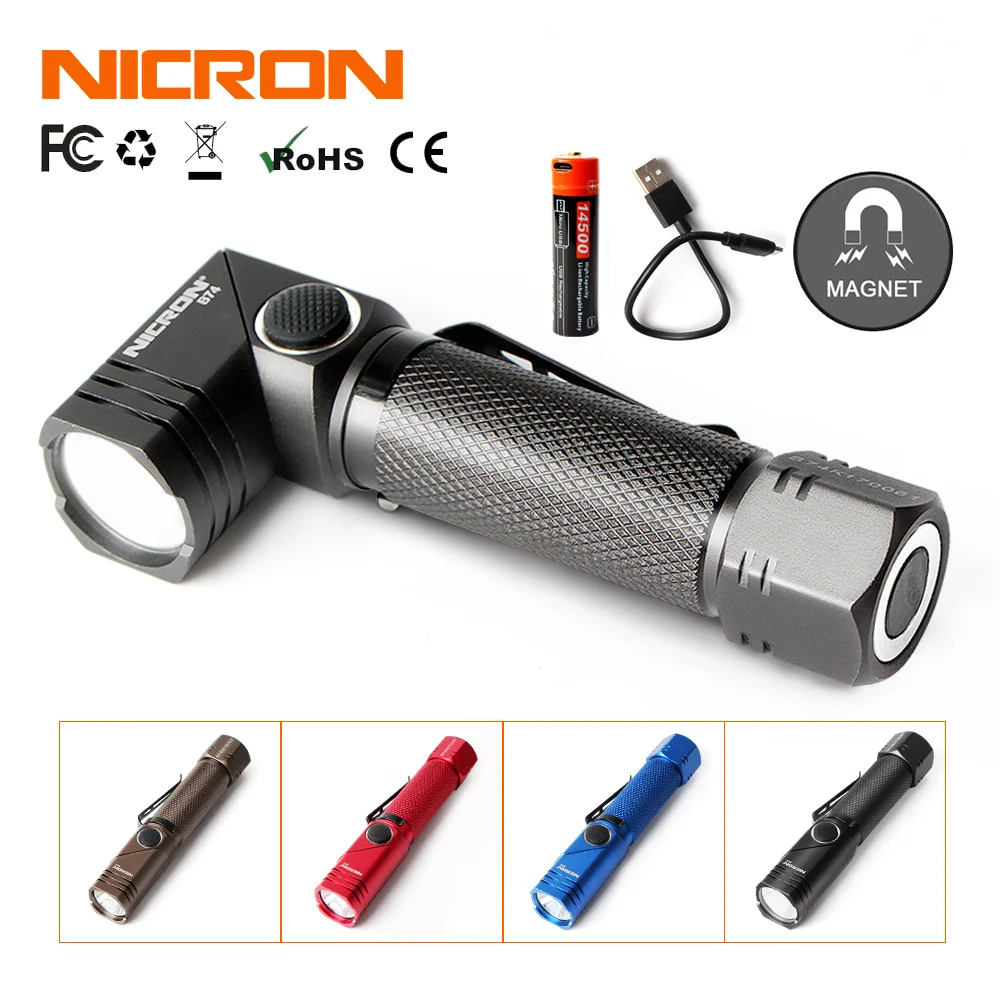 NICRON Rechargeable Twist Flashlight 4 Colors 600 Lumens Waterproof IP65 USB Charging Corner Light Mini Portable LED Torch B74