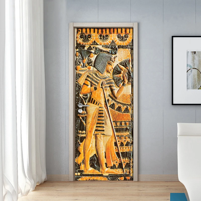 Door Sticker Waterproof Self-adhesive Mural Wallpaper Egyptian Pharaoh Wall Painting Living Room Bedroom Door Stickers Decor 3D