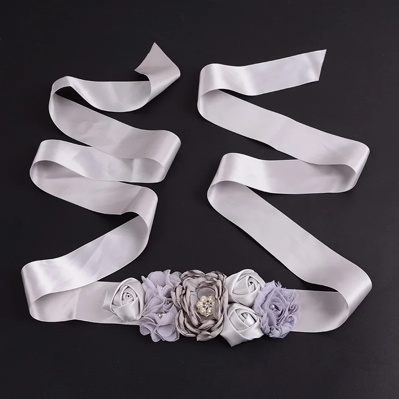 Ceinture à fleurs en Satin violet, gris, bleu marine, rose, rubans à strass pour enfants, ceintures à fleurs de mariage pour filles