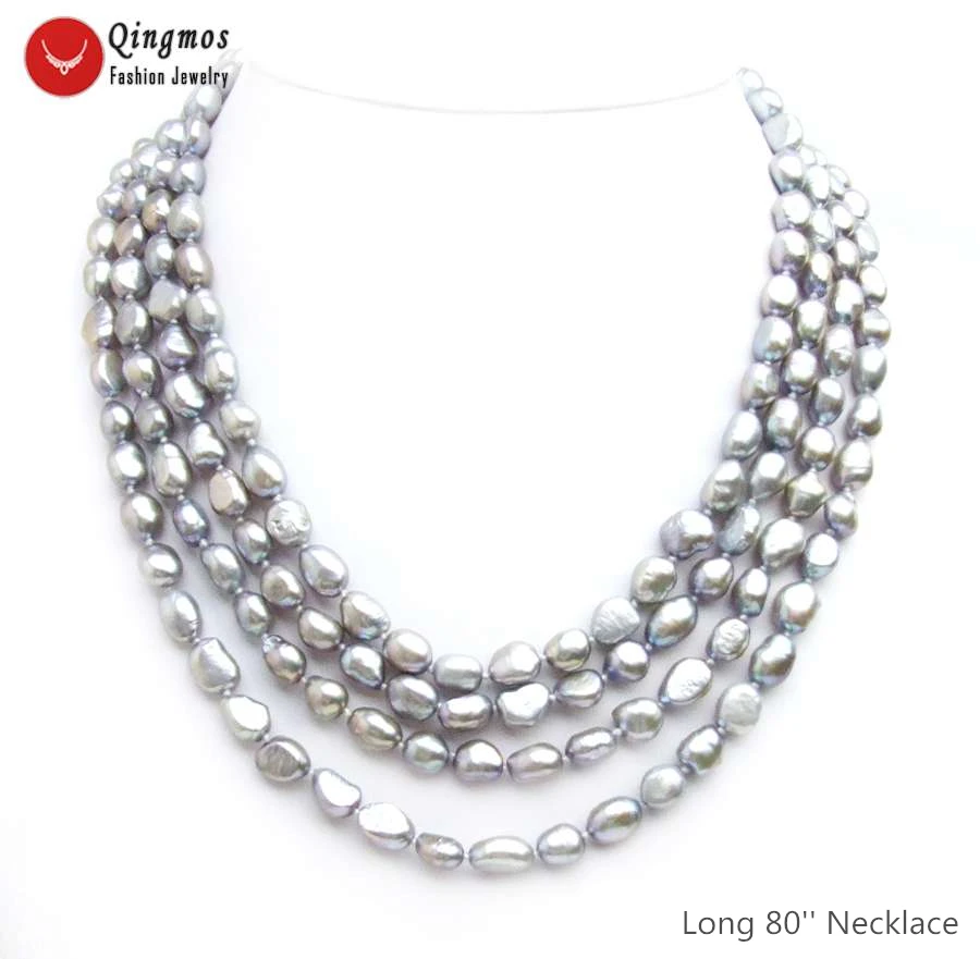 Qingmos Trendy Natural Pearl Necklace for Women with 7-9mm Baroque Grey Pearl Long Necklaces Jewelry Sweater 80'' Colar nec6563