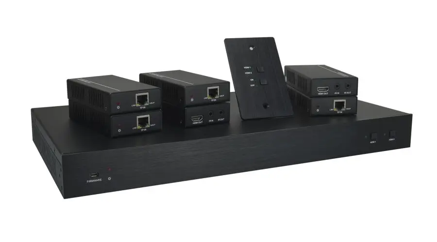 4k hdbaset divisor kit inclui um divisor com 2 entradas hdmi e 6 hdbaset mais 1 saídas hdmi, 6 receptores e 1 controle keypa