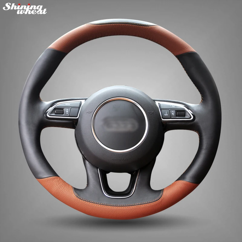 

Shining wheat Hand-stitched Black Brown Leather Car Steering Wheel Cover for Audi Q3 Q5 2013 2014 2015