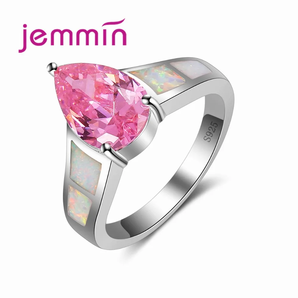 

Beautiful Romantic White Fire Opal Ring For Women Wedding Anniversary with Pink Color Crystal Ring Jewelry