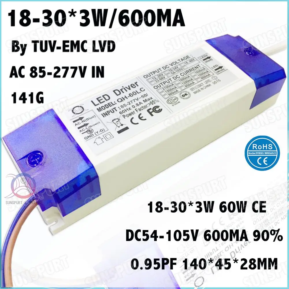 

2 Pcs By TUV-CE 60W AC85-277V LED Driver 18-30x3W 600mA DC54-105V EMC LVD Constant Current LEDPower For Spotlights Free Shipping