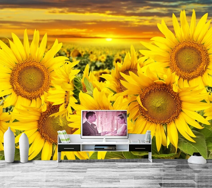 Custom 3d mural,Sunflowers Sunrises and sunsets Flowers wallpaper,restaurant kitchen living room TV sofa wall bedroom wallpaper