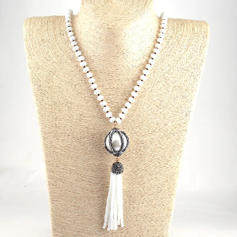 Fashion Bohemian Tribal Jewelry Black/White Crystal Glass Knotted Handmake Paved Big Ball and Tasse Necklaces