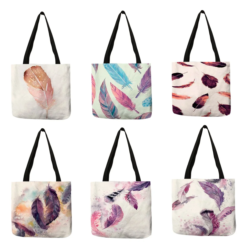 Watercolor Painting Feather Women Eco Linen Tote Bag Foldable Reusable Storage Package for Shopping Travel School Handbag